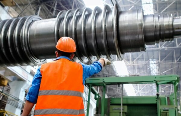 Engineer in high visibility vest and hard hat inspecting large machinery in factory setting.